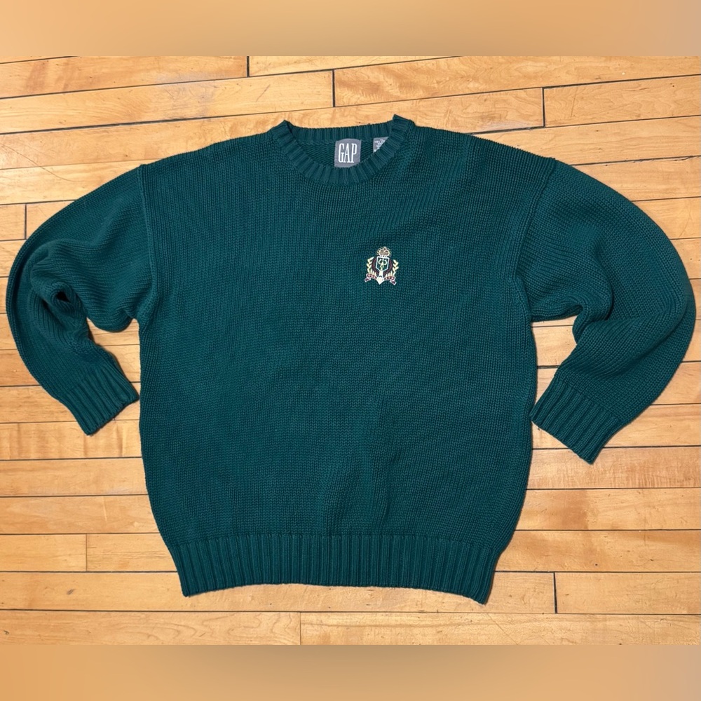 Vintage 80s Mens Gap Green Chunky Knit Sweater With Embroidered Crest Size XL